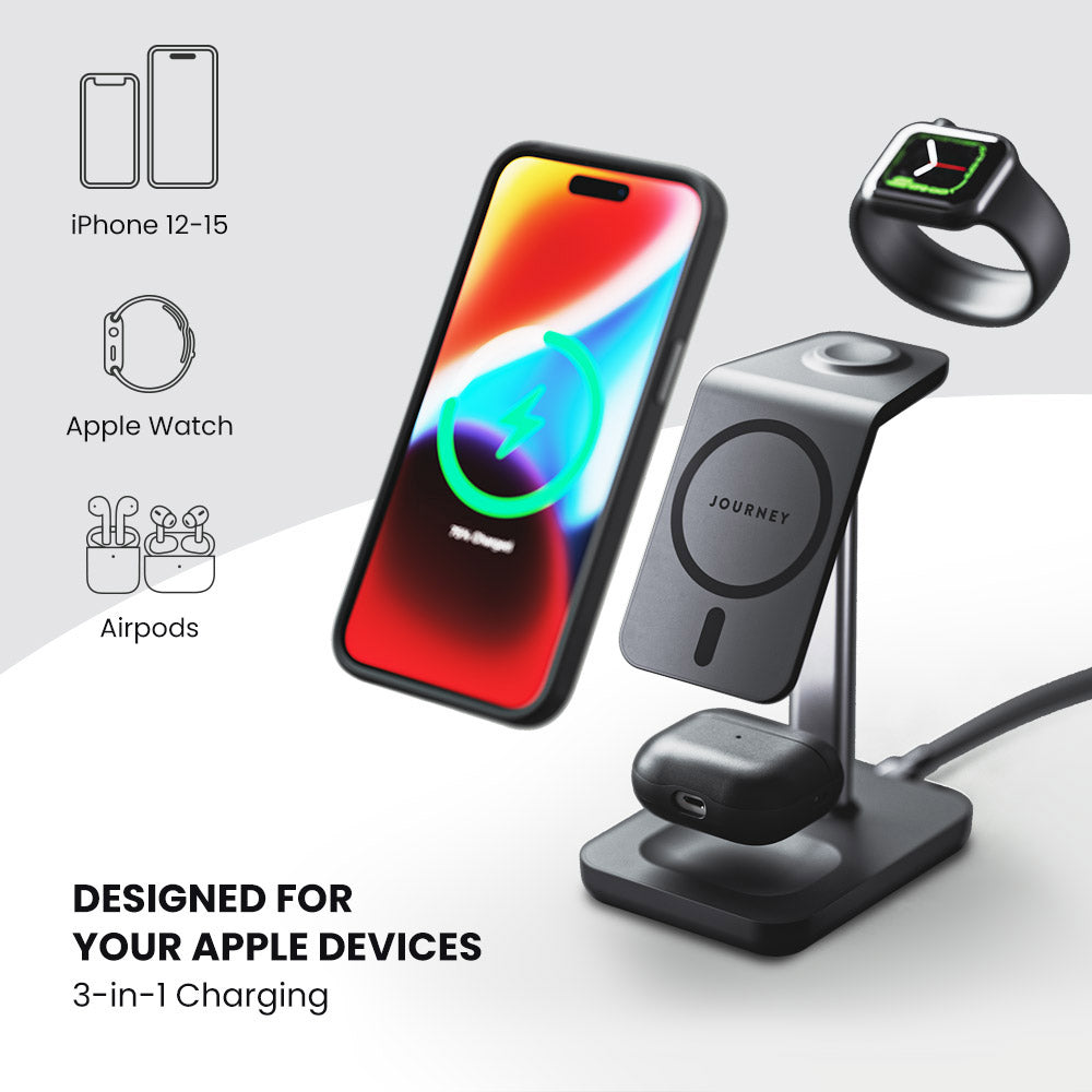 TRIO Black - 3-in-1 MagSafe Oak Wireless Charger with Apple Watch