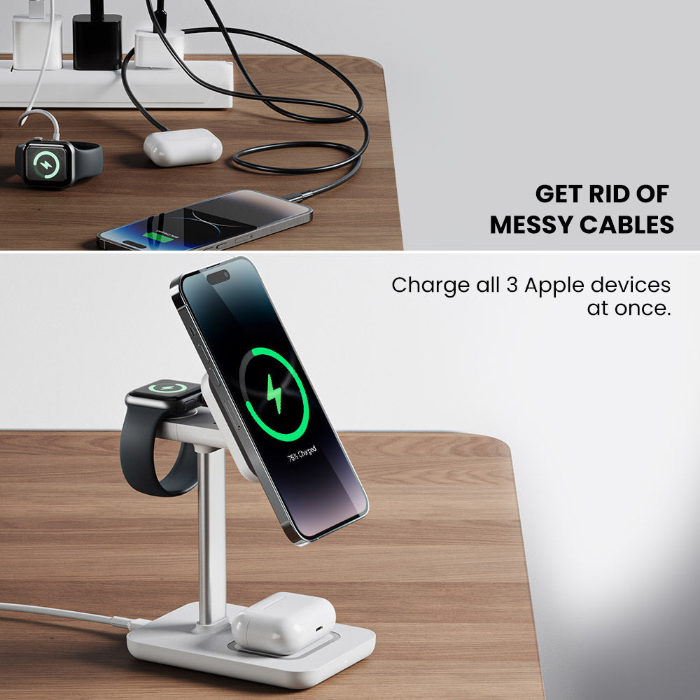 TRIO Black - 3-in-1 MagSafe Oak Wireless Charger with Apple Watch Support